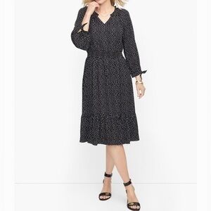 Talbots Tie Sleeve V-Neck Polkadot Casual Dress Women Size Small Black/White